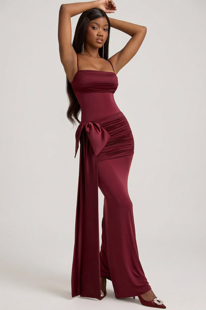 Bow-Detail Ruched Maxi Dress in Wine Red