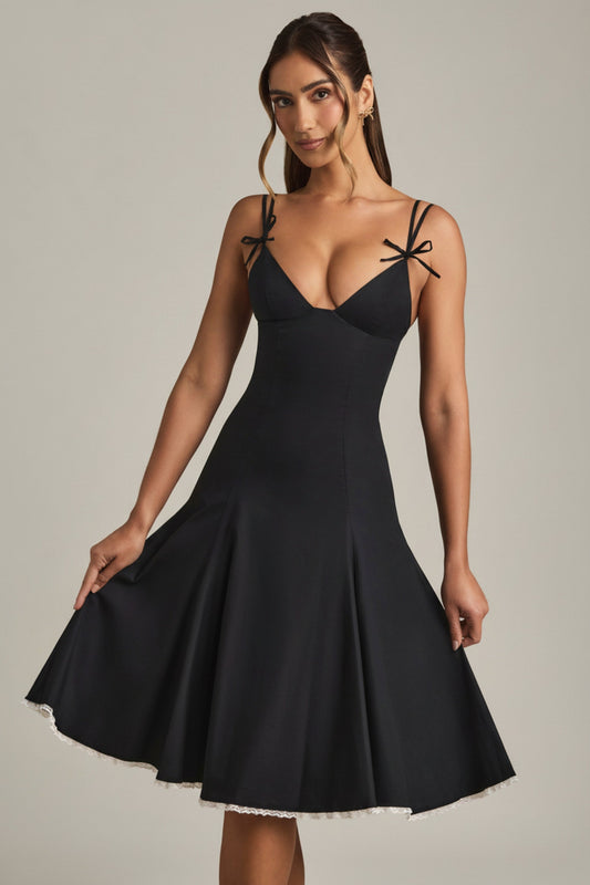 Bow-Detail A-Line Midi Dress in Black