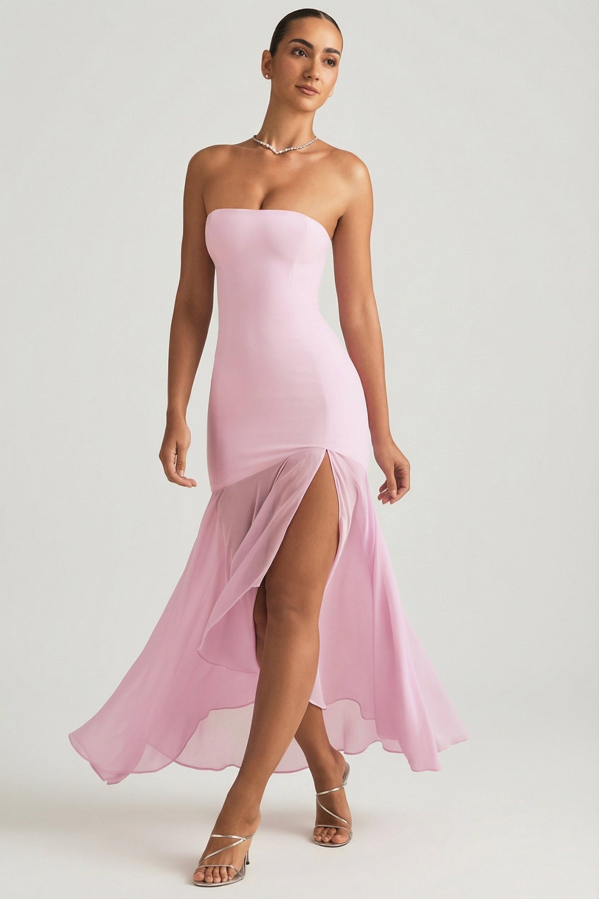 Asymmetric Strapless Fishtail Maxi Dress in Soft Pink