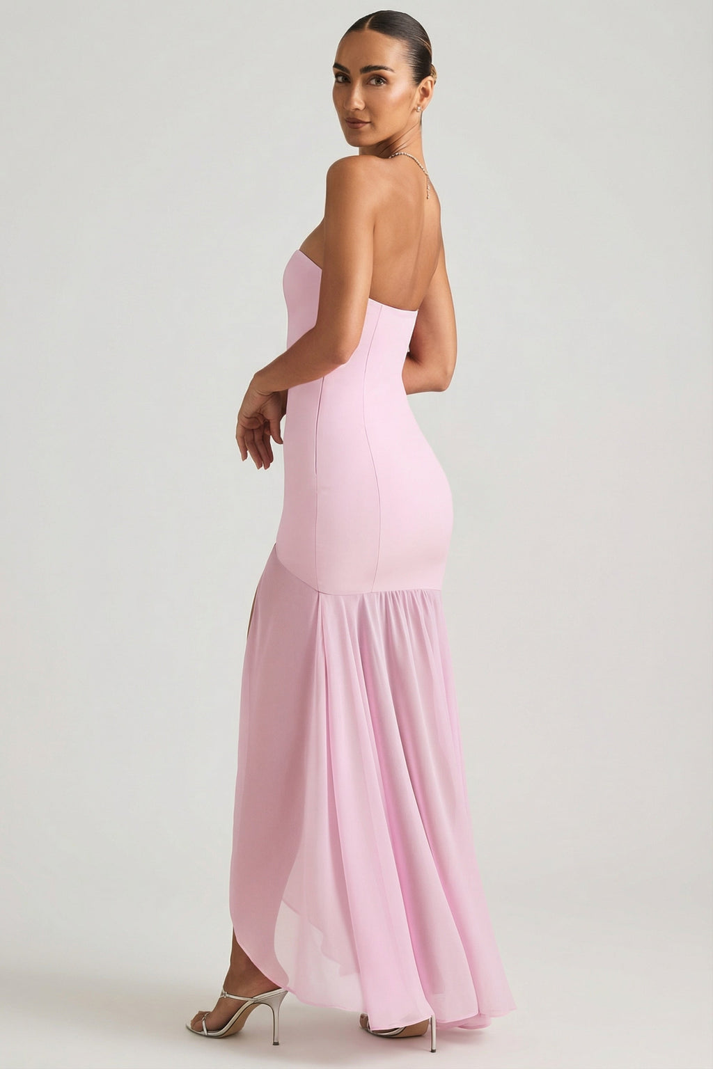 Asymmetric Strapless Fishtail Maxi Dress in Soft Pink