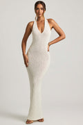 Bouclé Halterneck Maxi Dress in White