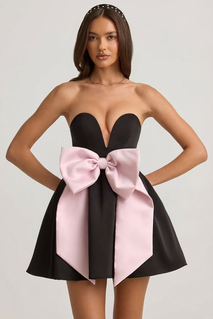 Bow-Detail Corset Mini Dress in Black