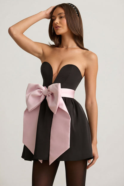 Bow-Detail Corset Mini Dress in Black