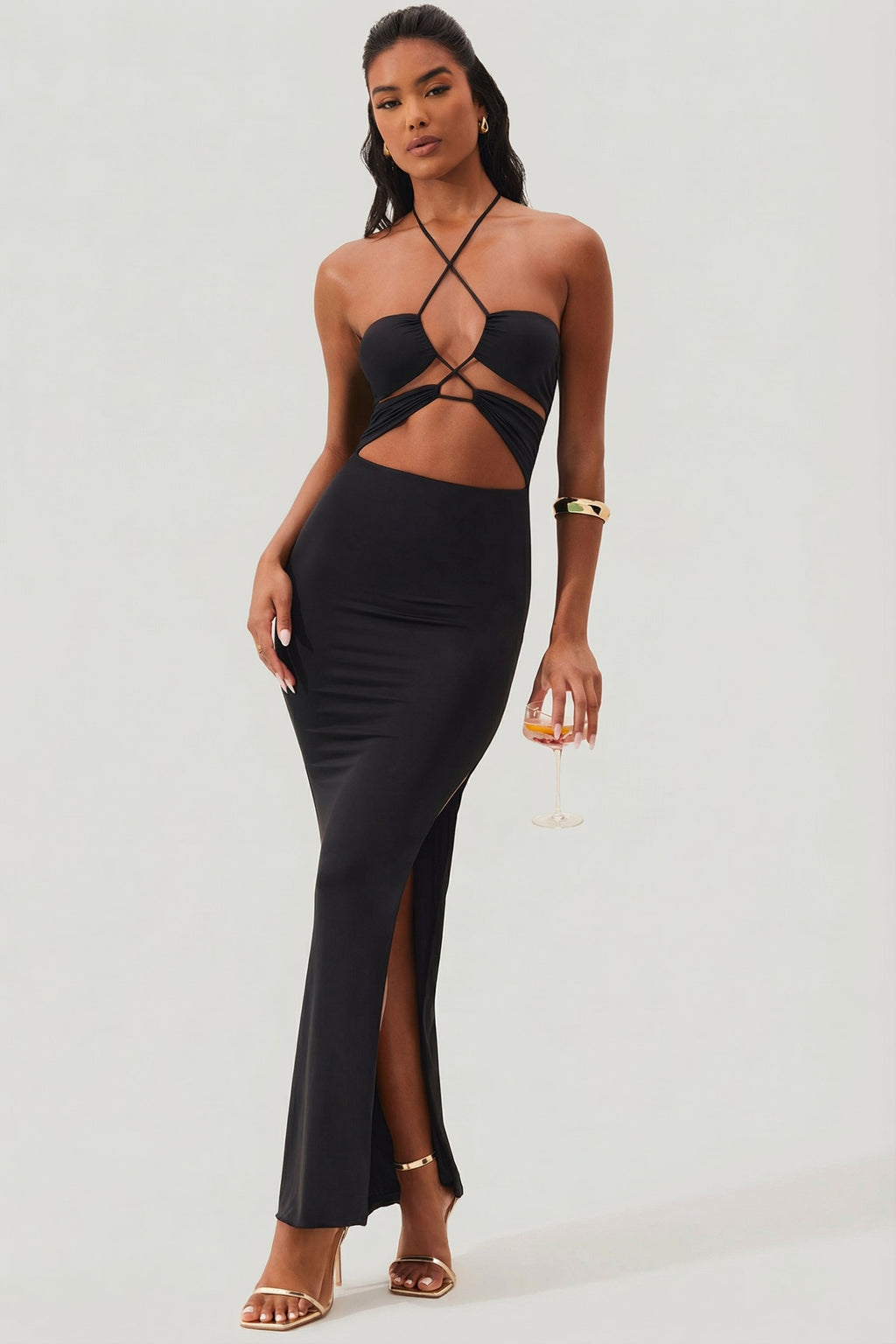 Cut Out Halter Neck Floor Length Maxi Dress in Black
