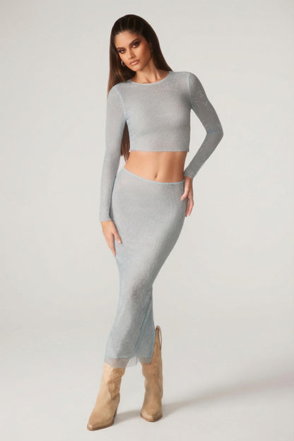 Embellished Low Rise Maxi Skirt in Aqua