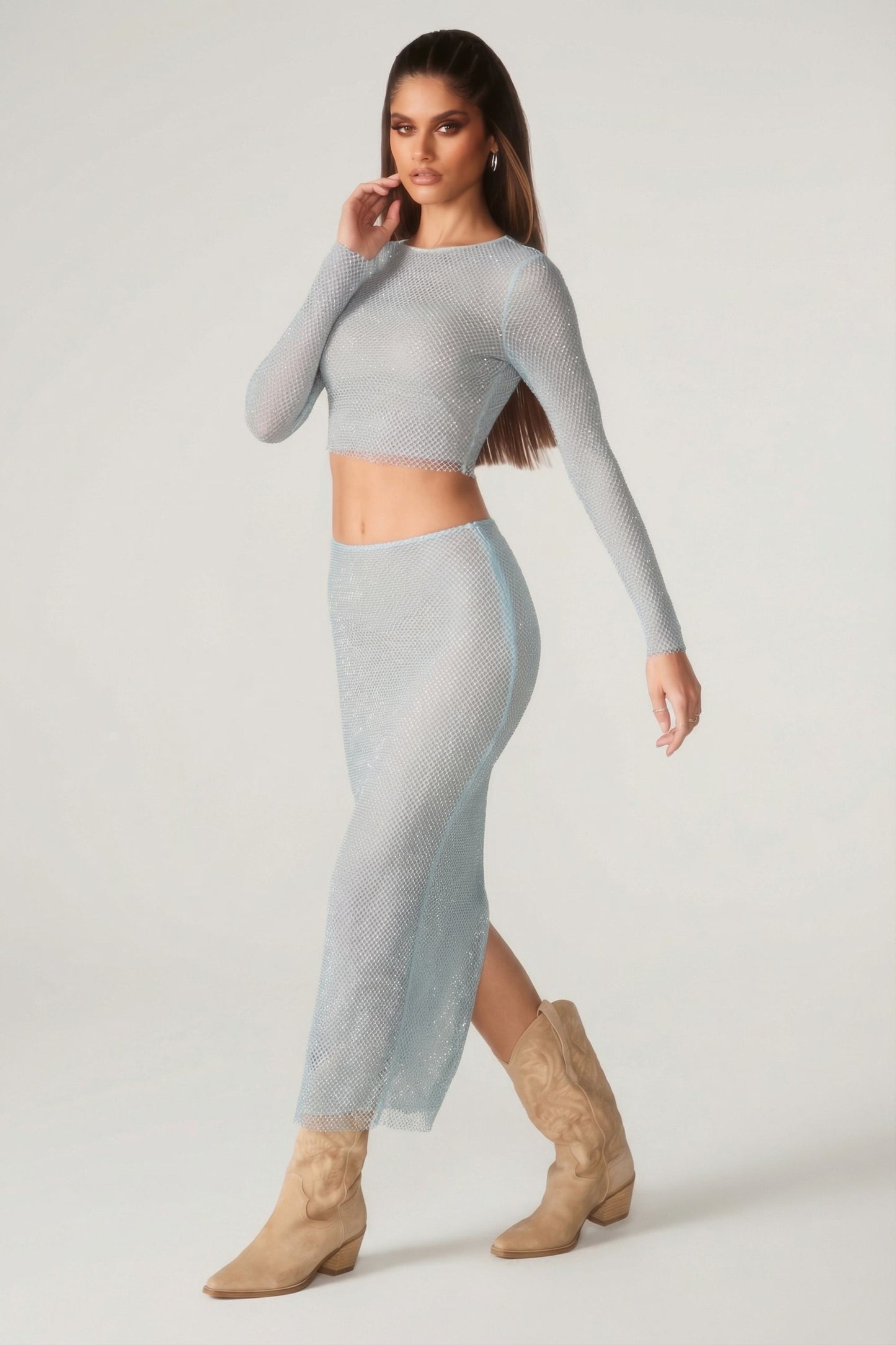 Embellished Low Rise Maxi Skirt in Aqua