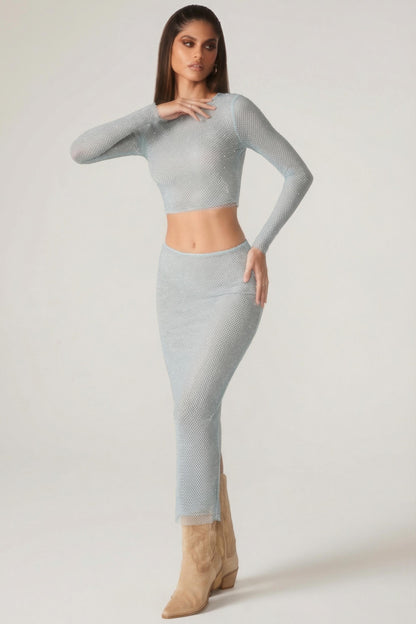 Embellished Low Rise Maxi Skirt in Aqua
