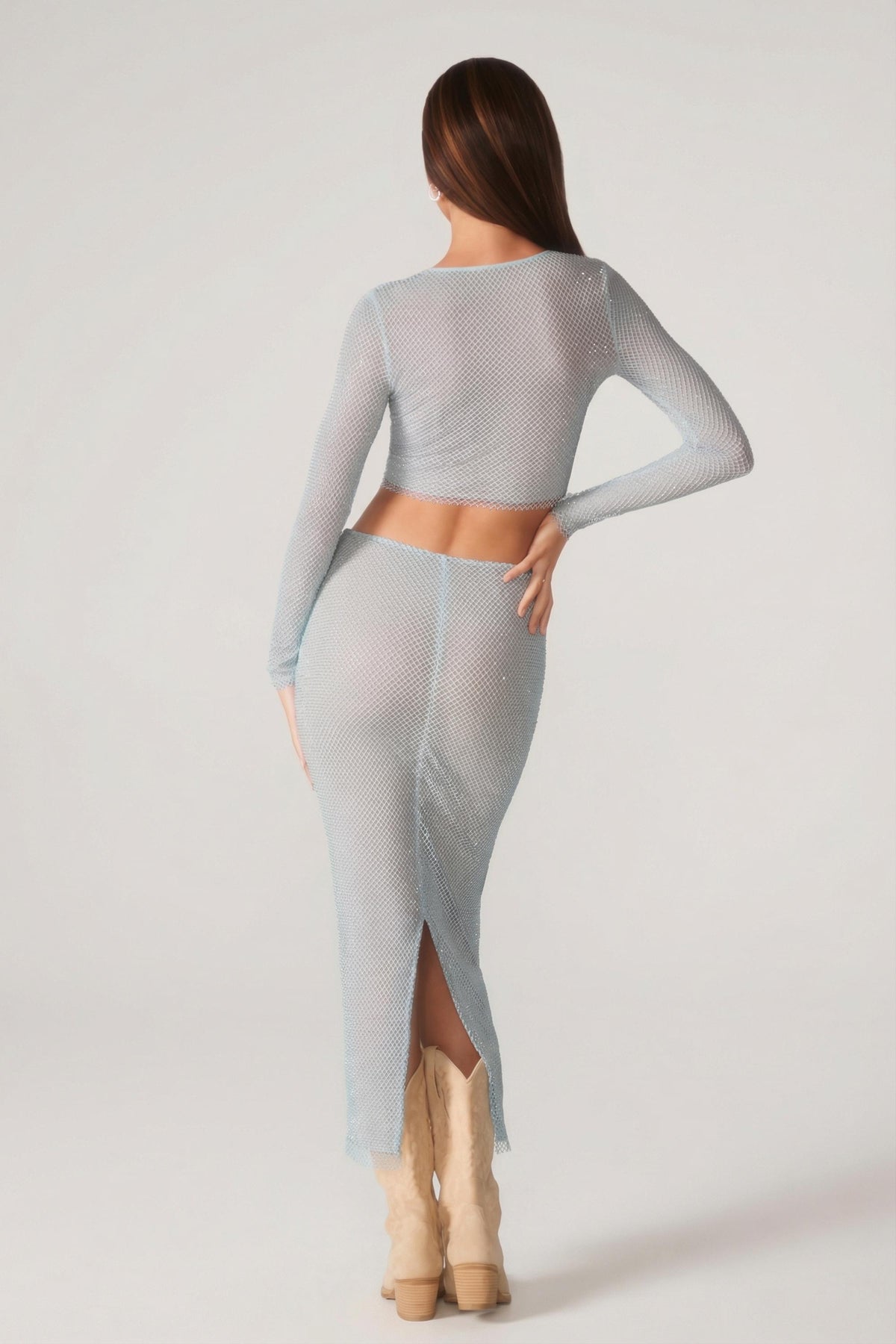 Embellished Low Rise Maxi Skirt in Aqua