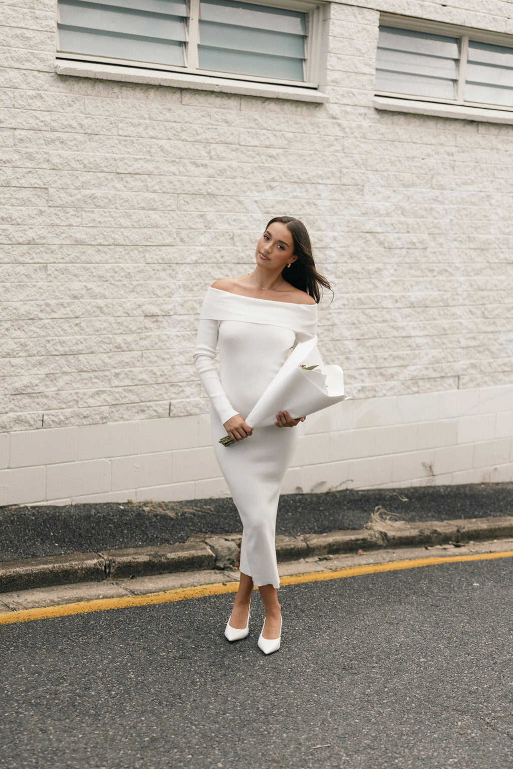 Archie Off the Shoulder Midi Dress - White
