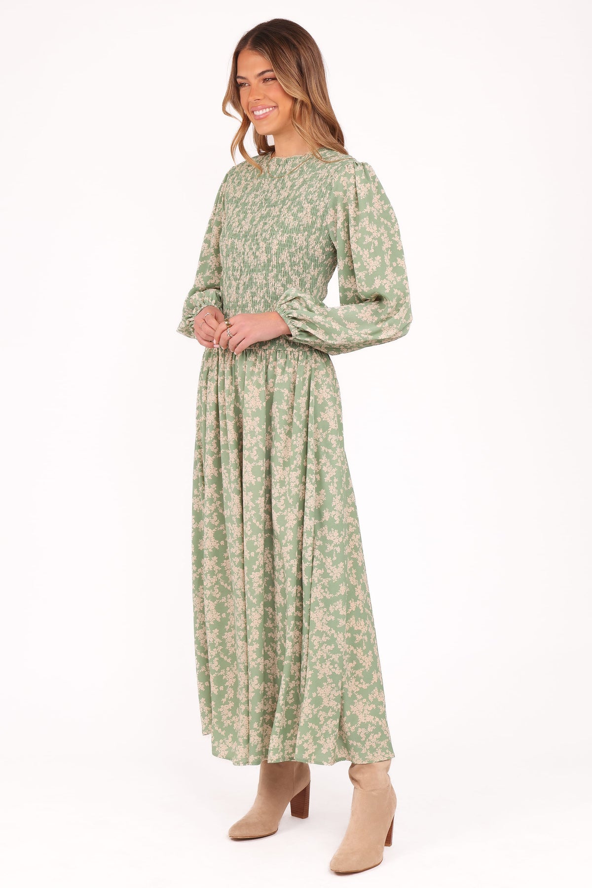Ashara Long Sleeve Midi Dress - Green Floral