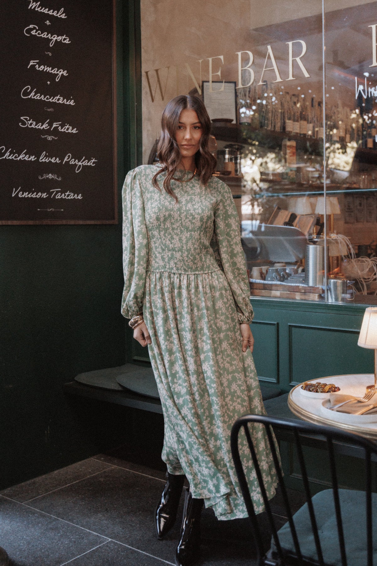 Ashara Long Sleeve Midi Dress - Green Floral