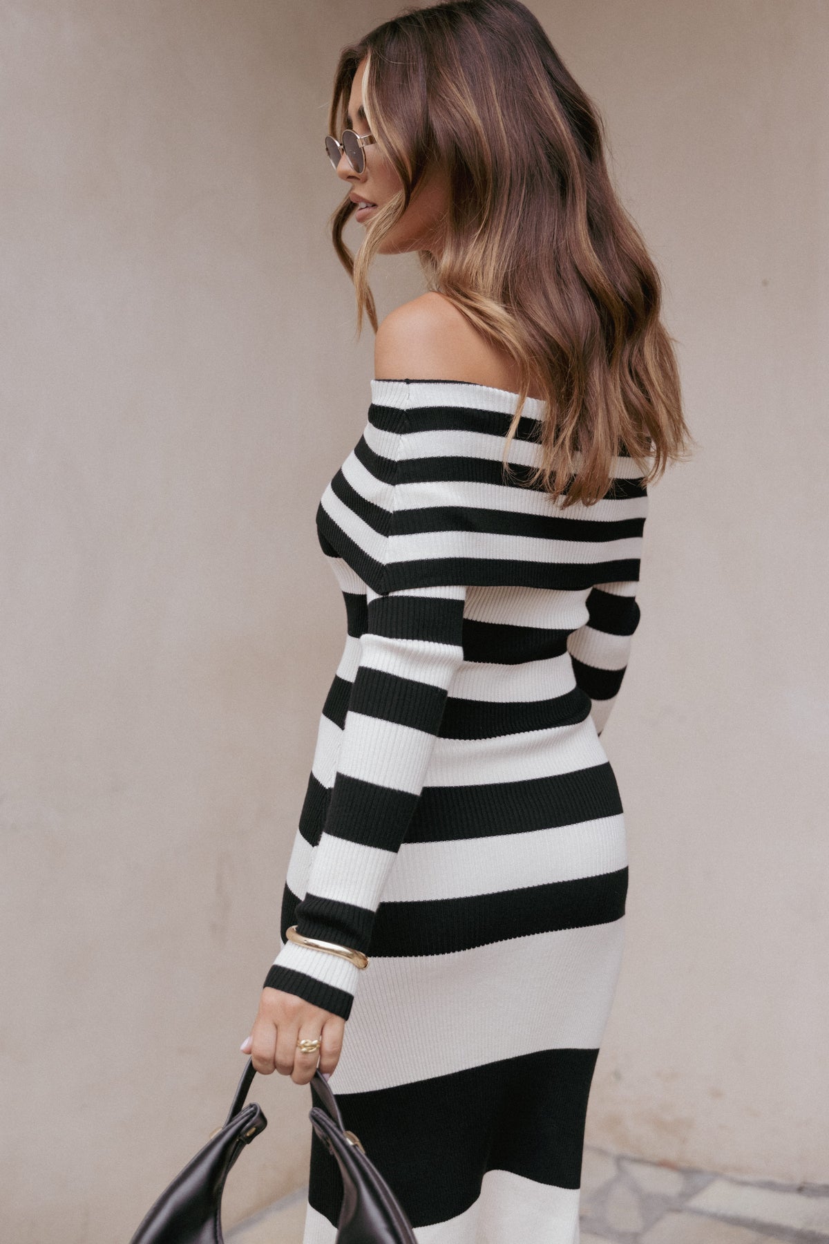 Banks Off Shoulder Knit Dress - Black Cream Stripe