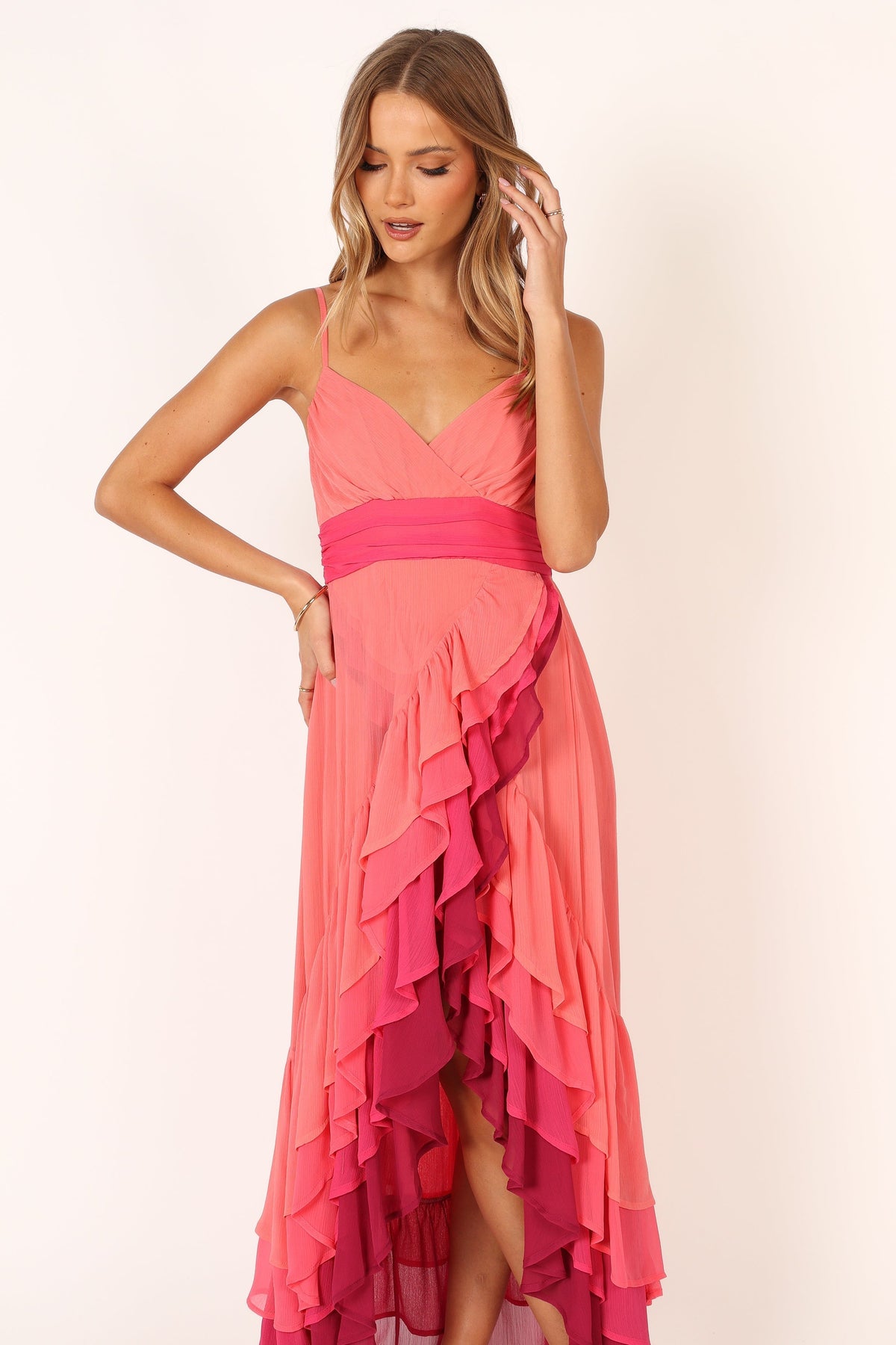 BomBon Tiered Maxi Dress - Coral Hot Pink