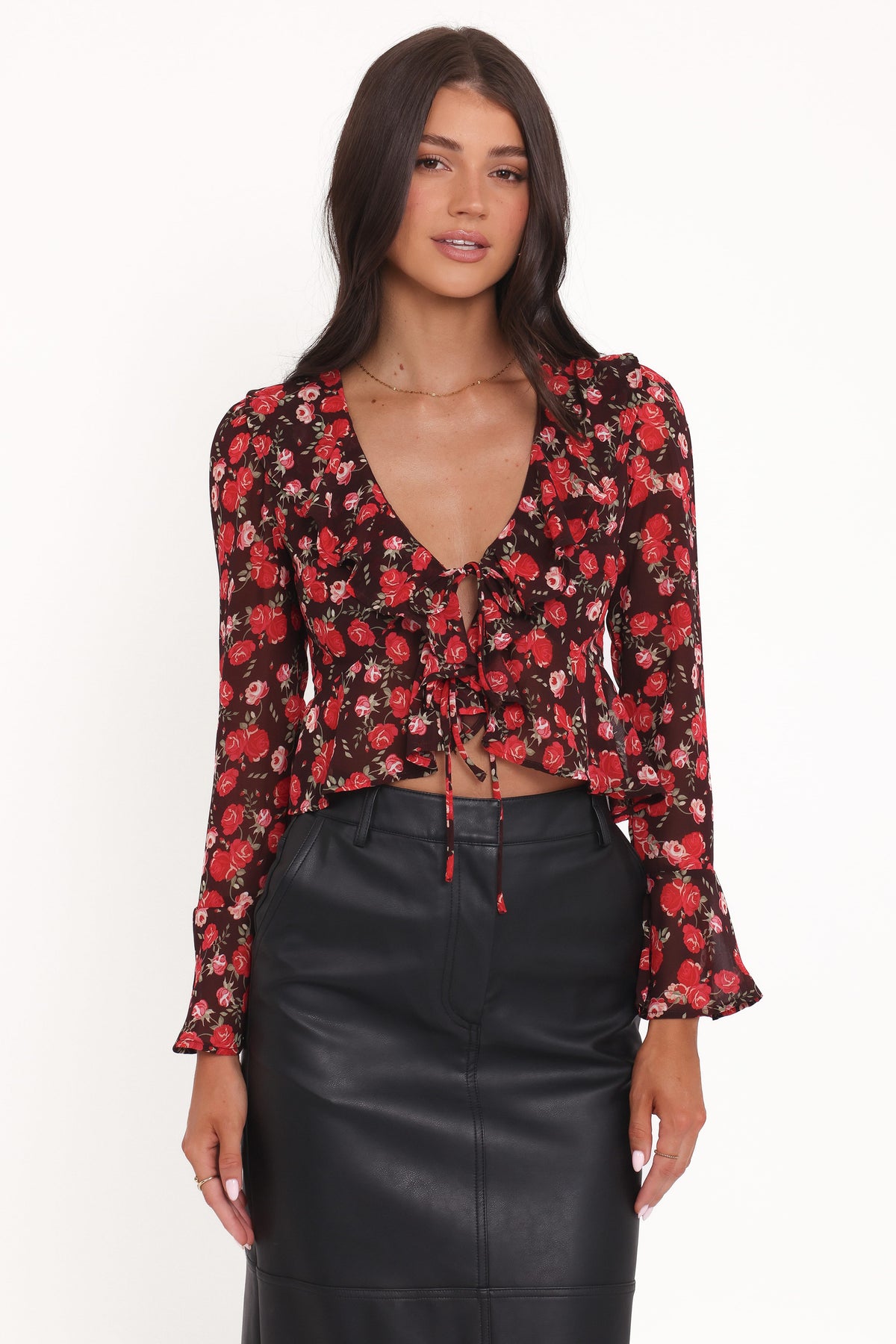 Aveline Chiffon Ruffle Front Top - Brown Floral