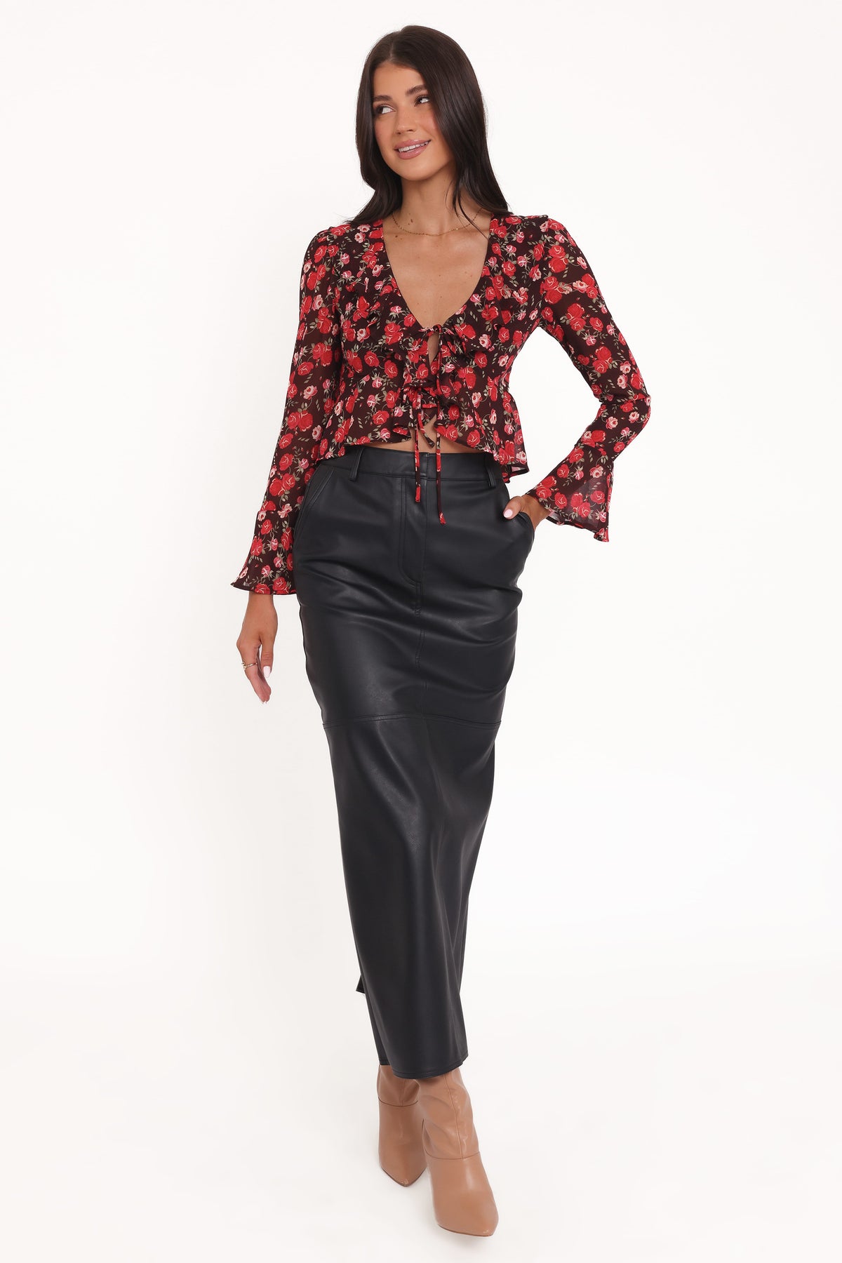 Aveline Chiffon Ruffle Front Top - Brown Floral