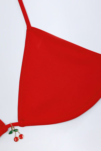 Charm-Detail Triangle Bikini Top in Fiery Red