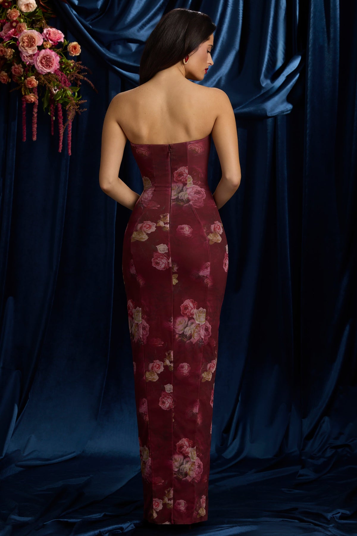 Bandeau Cowl-Neck Maxi Dress in Maroon Floral Print