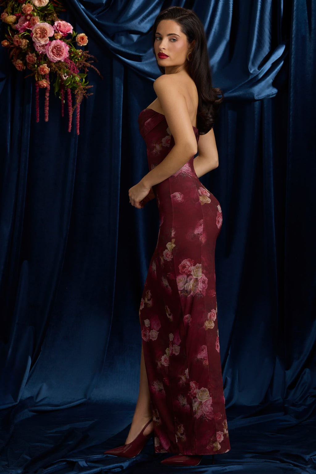 Bandeau Cowl-Neck Maxi Dress in Maroon Floral Print