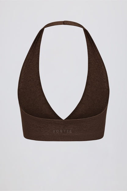 Brushed Jersey V-Neck Sports Bra in Pecan Marl